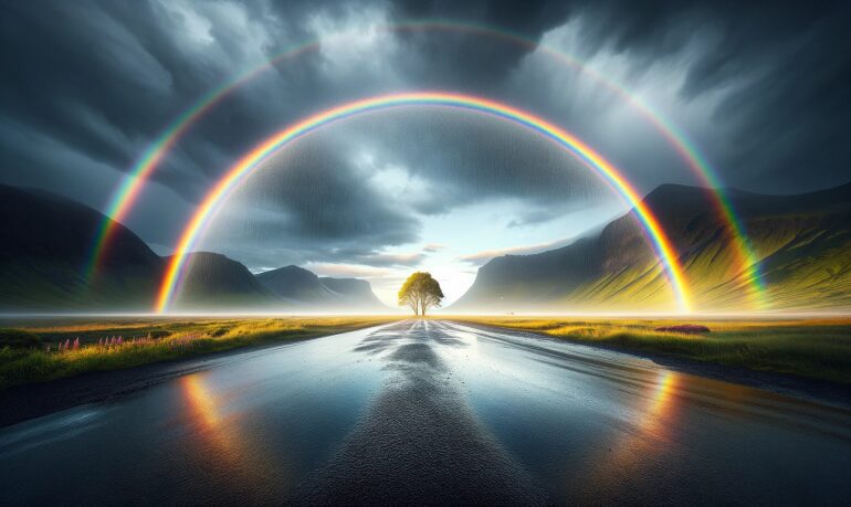 Photographie d'un paysage naturel avec un double arc-en-ciel dans le ciel. Un arbre se trouve au centre de l'image, près d'une route qui se reflète dans l'eau.