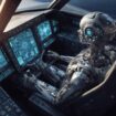 Un robot humanoïde pilotant un avion de chasse dans un cockpit futuriste.