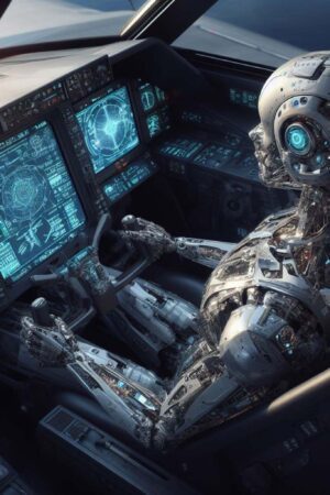 Un robot humanoïde pilotant un avion de chasse dans un cockpit futuriste.