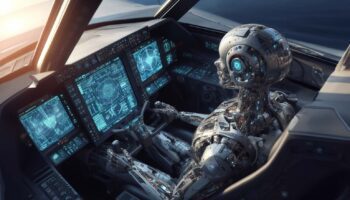 Un robot humanoïde pilotant un avion de chasse dans un cockpit futuriste.