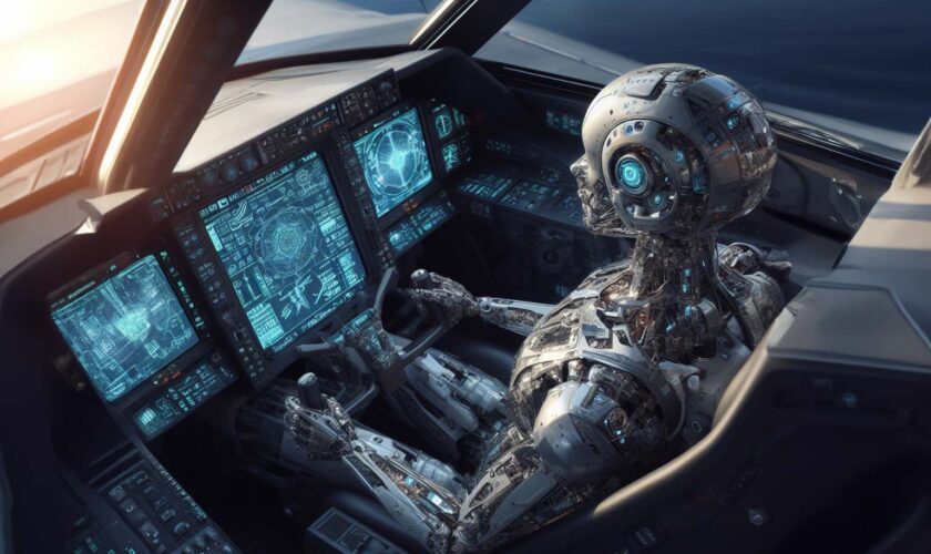 Un robot humanoïde pilotant un avion de chasse dans un cockpit futuriste.