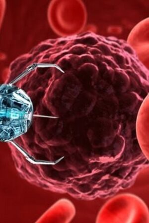 Un nanorobot attaquant une cellule cancéreuse, illustration de la nanomédecine.